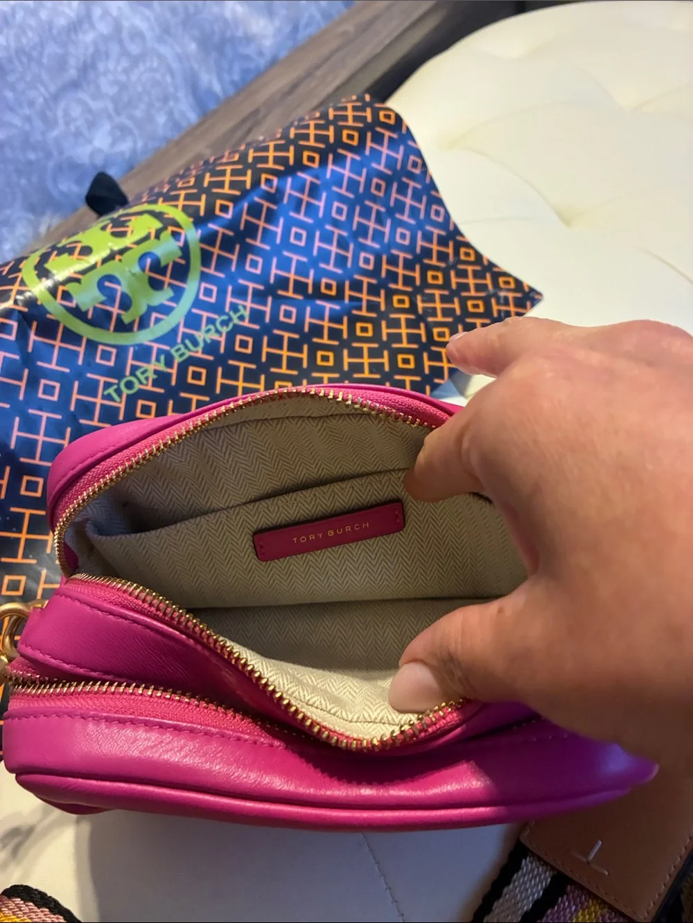 Tory Burch Fuchsia Embossed Leather Crossbody with Striped Web Strap